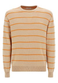 Beige trui met horizontale oranje strepen, ribbelboorden en -zoom, ronde hals en een zachte textuur. Het merkl logo is subtiel op de borst geplaatst.