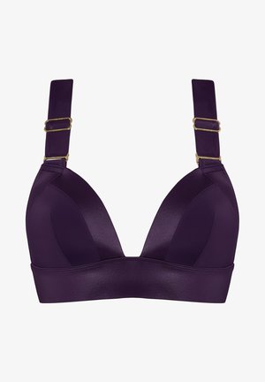 Soutien-gorge en satin violet avec un décolleté en V profond, bretelles larges avec des accents de boucle en or, et texture lisse.