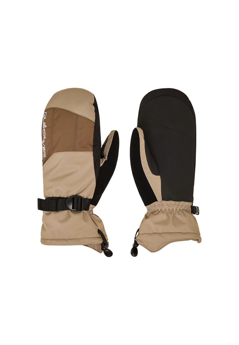 Fäustlinge in Beige und Schwarz. Verfügen über ein strapazierfähiges Äußeres, einen elastischen Handgelenksverschluss und einen strukturierten Griff auf der Handfläche für verbesserte Funktionalität.