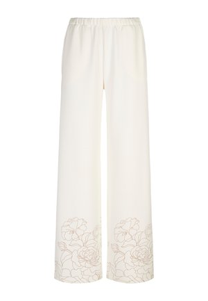 Cremafarbene Hosen mit weitem Bein, elastischem Bund und dezentem floralen Linienmuster nahe dem Saum.