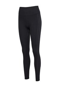 Schwarze Leggings aus dehnbarem Stoff mit hohem Taillenbund. Sie verfügen über dezente seitliche Streifen und Flatlock-Nähte für Komfort und Langlebigkeit.