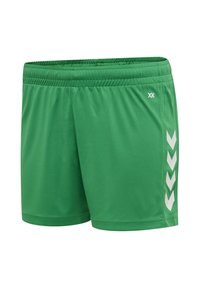 Zielone krótkie spodenki sportowe z elastycznym pasem i białym wzorem typu chevron na prawej nodze, małe logo "XK" w pobliżu pasa.