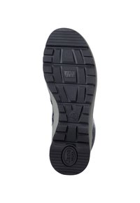 Suela de zapato de goma negra con surcos profundos, con la inscripción "soft FLEX" en relieve y un logo circular que dice "Jana RELAX". Diseño duradero y texturizado.