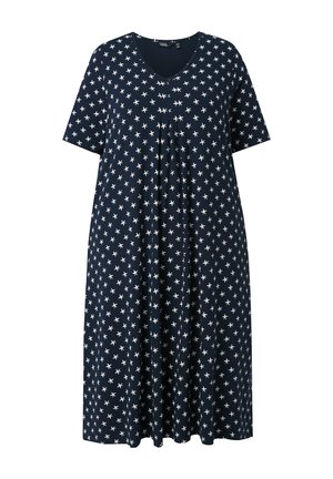 Robe bleu marine longueur genou avec manches courtes et motif étoiles de mer blanches, avec col en V et coupe ample.