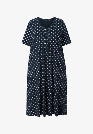 Robe bleu marine longueur genou avec manches courtes et motif étoiles de mer blanches, avec col en V et coupe ample.