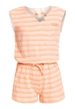 Brzoskwiniowy kombinezon w paski z krótkimi rękawami, dekoltem w serek, drewnianymi guzikami, elastyczną talią i sznurkiem do ściągania. Logo Roxy wyhaftowane na piersi.