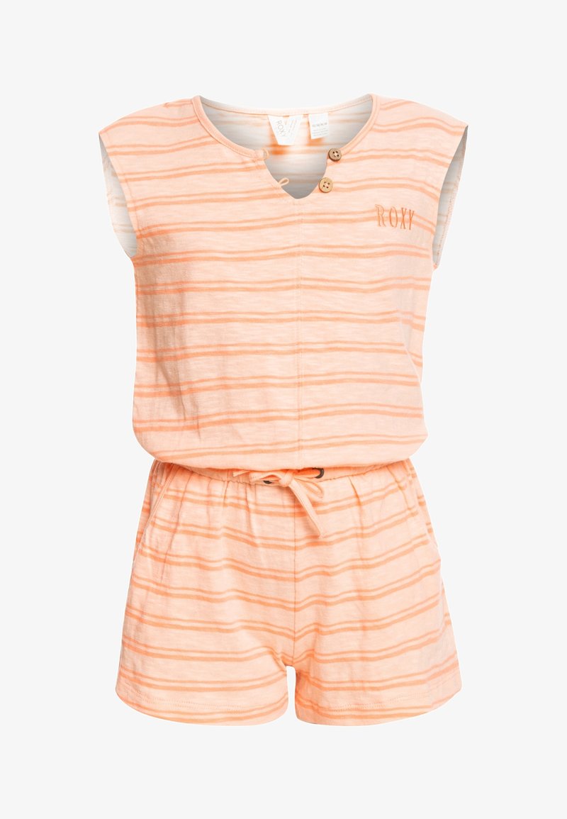 Combinaison rayée pêche avec manches courtes, col en V, détails en boutons en bois, taille élastique et cordon de serrage. Logo Roxy brodé sur la poitrine.