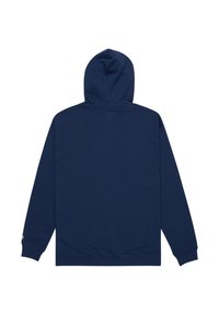 Námornícky modrá mikina s kapucňou a dlhými rukávmi, s rebrovanými manžetami a lemom, vyrobená z hladkého materiálu. Jednoduchý dizajn, bez viditeľných log a vzorov.