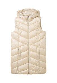 Gepolstertes, ärmelloses Weste in hellem Beige mit einem Reißverschluss vorne, Kapuze und chevron-geplottetem Muster; verfügt über zwei Vordertaschen.