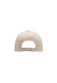 Baseballkappe aus leicht beigem Stoff, mit einer gebogenen Krempe, verstellbarem Riemen hinten und strukturierter Oberfläche ohne sichtbare Muster.