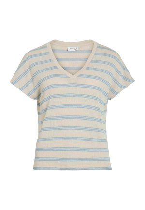 Top beige clair à manches courtes et décolleté en V, arborant des rayures horizontales bleues, avec une texture douce et une coupe décontractée. Aucun matériel visible ni détails supplémentaires.