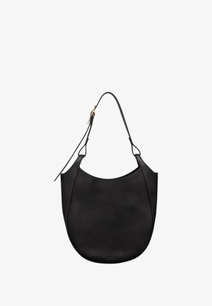 Black leather crescent-shaped shoulder bag with adjustable strap and subtle texture, shown against a white background.