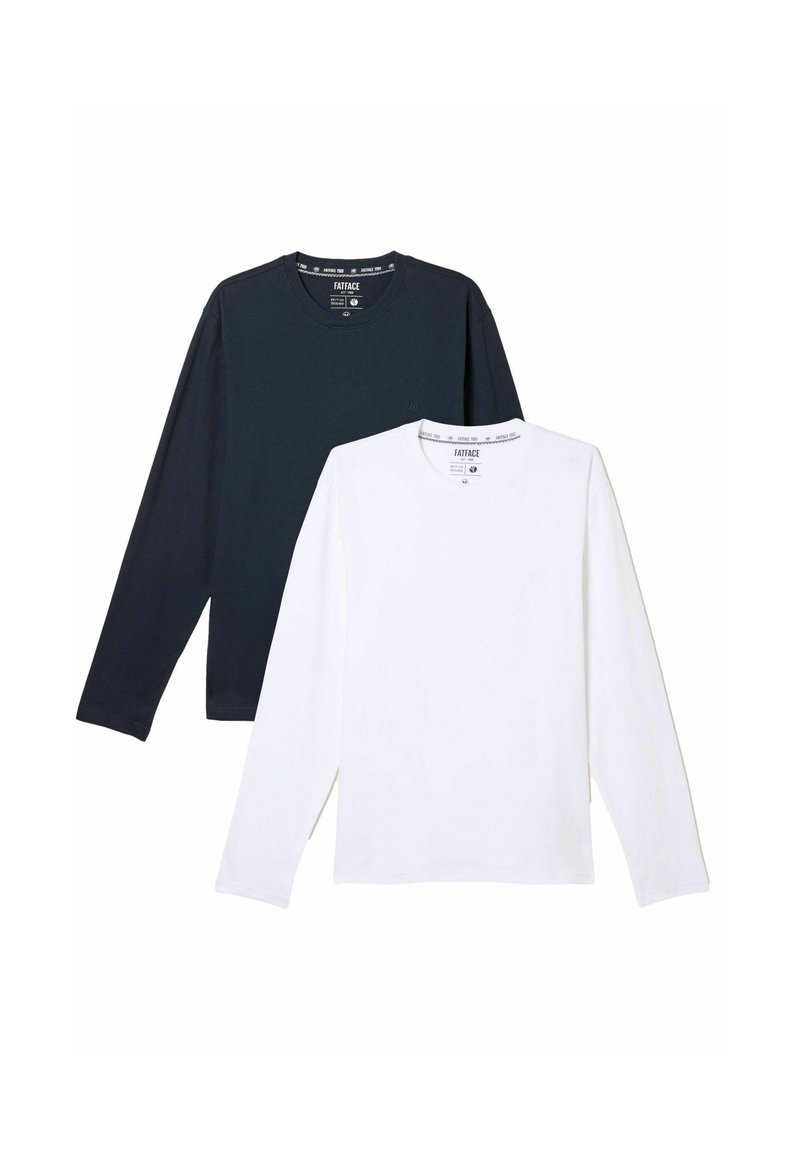Zwei langärmelige T-Shirts, eines in Marineblau und eines in Weiß. Hergestellt aus weichem Stoff mit Rundhalsausschnitt und dezentem Branding am Halsausschnitt.
