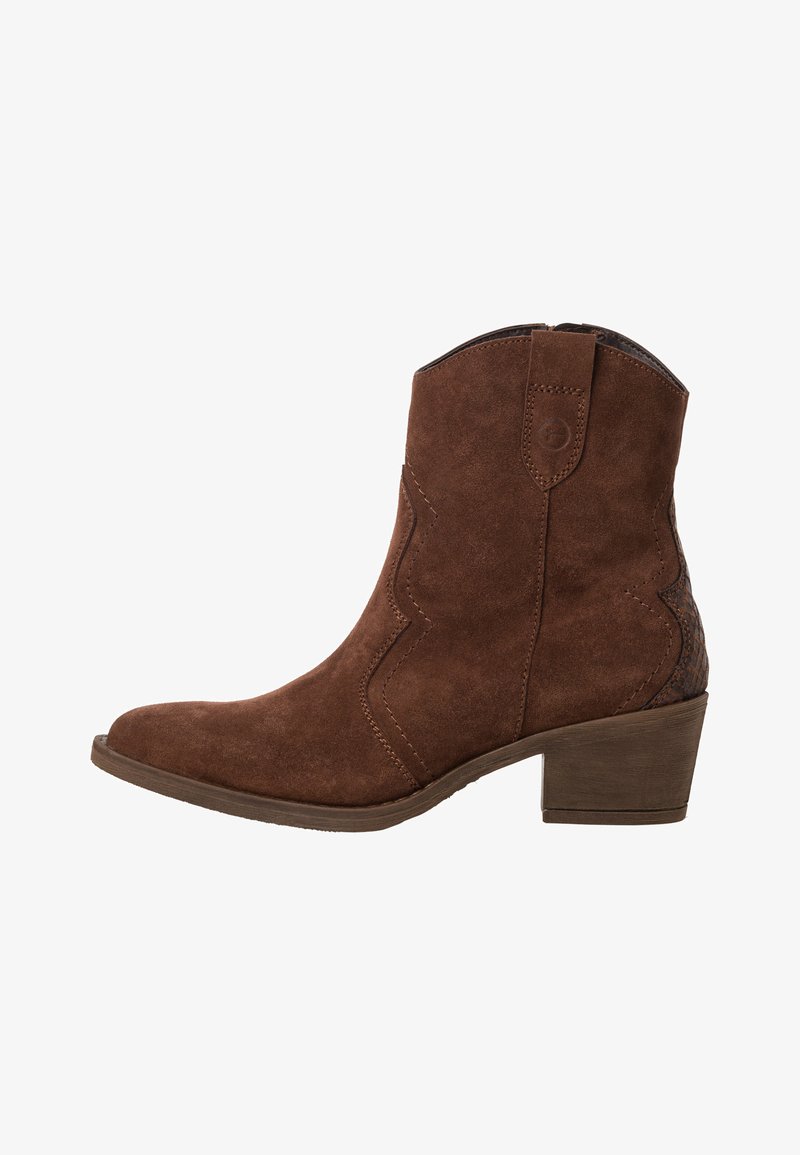 Brune ruskinds cowboystøvler med en let rund tå, dekorativ syning og en lav, stablet hæl. Struktureret detalje bagpå.