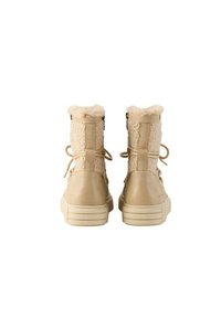 Beige Stiefeletten mit einem Futter aus Kunstfell und strukturiertem Stoff, ausgestattet mit Schnürsenkeln und einer dicken Sohle. Die Rückseite zeigt eine glatte Oberfläche und ein Logo-Detail.