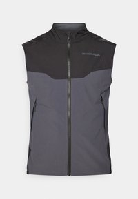 Ärmellose Weste aus schwarzem und dunkelgrauem Stoff mit einem Reißverschluss vorne, seitlichen Taschen und strukturierten Schulterakzenten. Mit Logoelement.