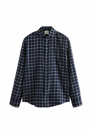 Marineblaues Langarmhemd mit weiß-beigem Windowpane-Karomuster und spitzem Kragen.