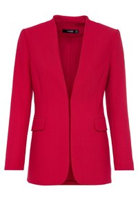 Blazer rosso realizzato in tessuto testurizzato, con un profondo scollo a V, maniche lunghe e due tasche frontali, dal design sagomato e aderente.