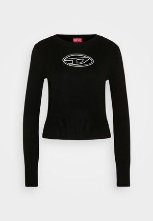 Maglione nero lavorato a maglia con maniche lunghe, orlo a coste e scollatura rotonda. Presenta un logo ricamato bianco sul petto.