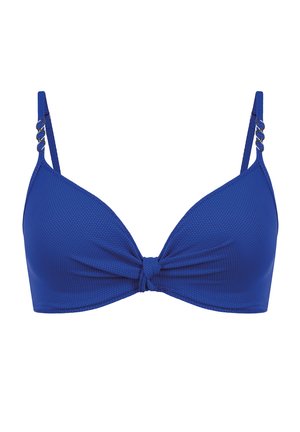 Niebieski trójkątny stanik bikini wykonany z teksturowanej tkaniny, z detalem węzła z przodu i cienkimi ramiączkami ozdobionymi metalowymi kółkami.