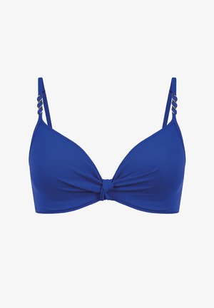 Niebieski trójkątny stanik bikini wykonany z teksturowanej tkaniny, z detalem węzła z przodu i cienkimi ramiączkami ozdobionymi metalowymi kółkami.