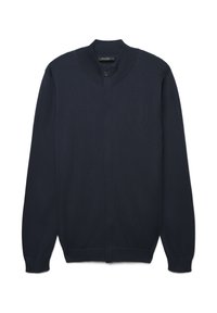 Marineblauer Cardigan aus weichem Strickstoff, mit hohem Kragen, Knopfverschluss und gerippten Bündchen sowie Saum. Einfaches Design ohne Verzierungen.