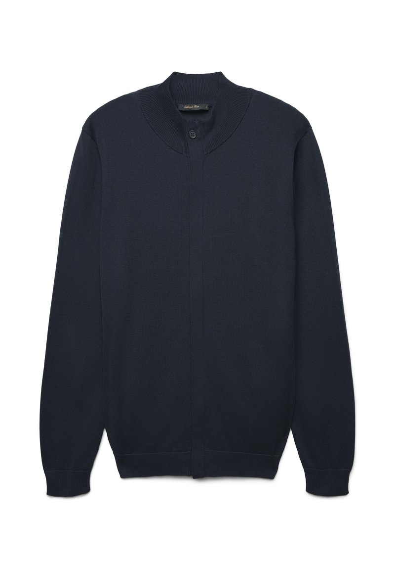 Marineblauer Cardigan aus weichem Strickstoff, mit hohem Kragen, Knopfverschluss und gerippten Bündchen sowie Saum. Einfaches Design ohne Verzierungen.