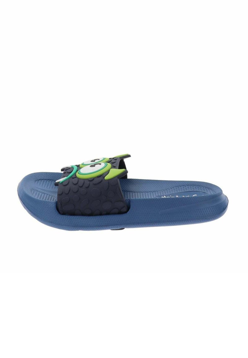 Sandali blu scivolati con una fascia testurizzata blu scuro caratterizzata da un design di gufo verde e bianco. Suola liscia con texture antiscivolo sulla pianta.