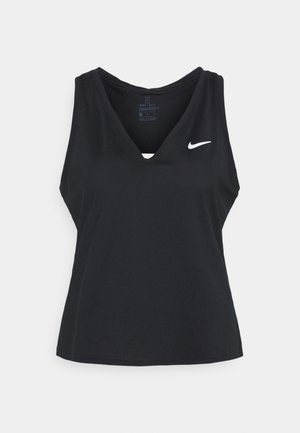 Zwarte mouwloze sport tanktop, met een V-hals ontwerp, gemaakt van Dri-FIT stof, met een klein wit Nike-logo op de linkerkant van de borst.