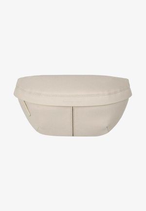 Beige stof bæltetaske med rund form og top lynlås, med subtile syningsdetaljer på forsiden.