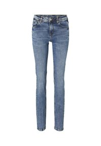 Jean en denim bleu slim avec fermeture avant à bouton et zip, passant de ceinture et style cinq poches.