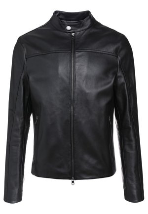 Black leather jacket with a stand collar, front zipper, and two side pockets. Smooth texture with off-center seam accents.