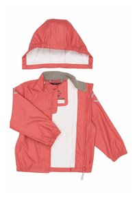 Imperméable pour enfants rose corail avec capuche amovible, fermeture éclair et boutons-pression, poignets élastiques et doublure intérieure douce.