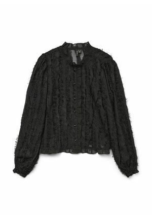 Blusa negra con tejido texturizado, rayas verticales deshilachadas, cuello con volantes, cierre de botones en la parte delantera y mangas abullonadas voluminosas.
