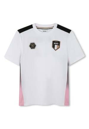 White athletic jersey with black shoulder accents and pink gradient side panels. Features two decorative patches on the front.