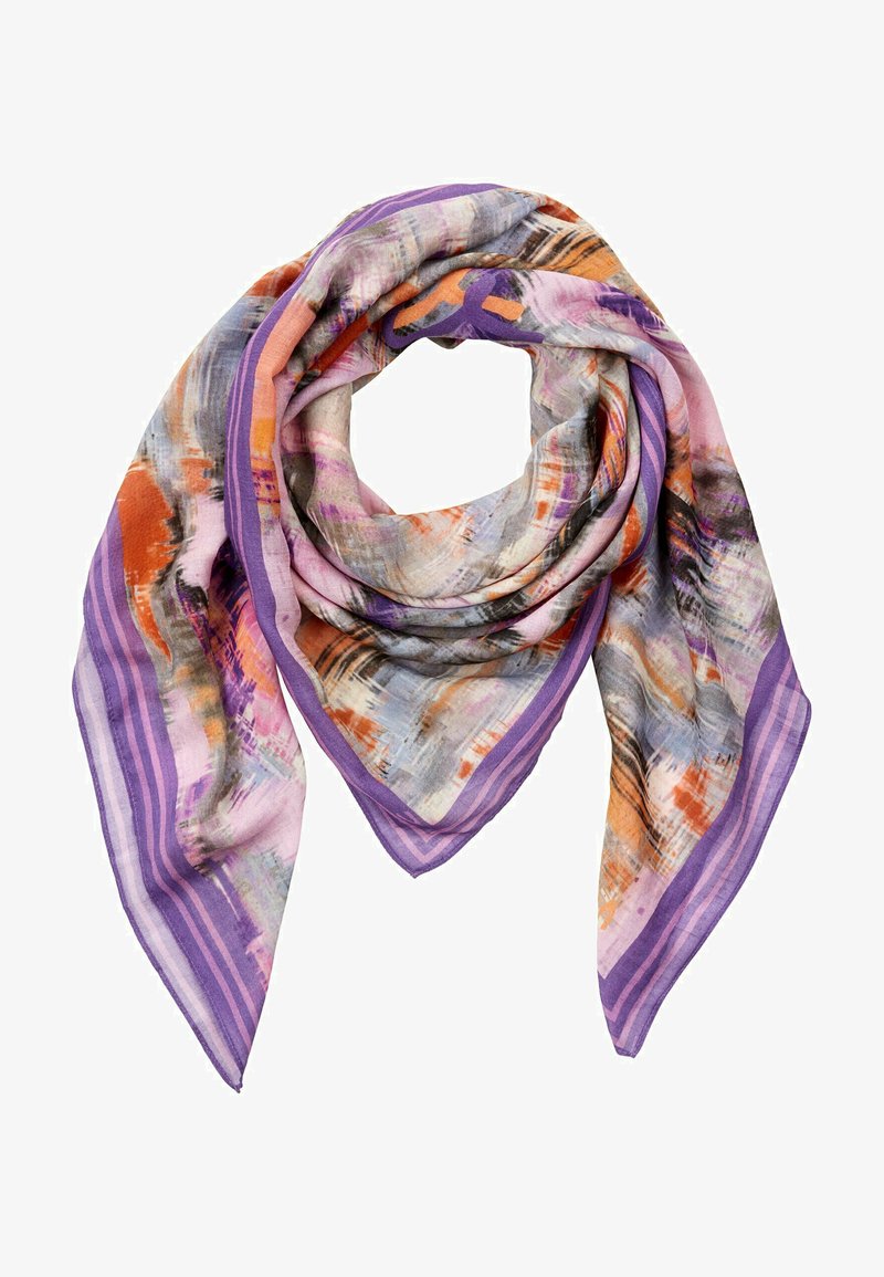 Kolorowy szalik z kombinacją wzorów w odcieniach fioletu, pomarańczu i szarości. Lekki, w kształcie trójkąta z teksturowaną powierzchnią.