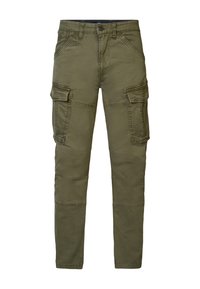 Pantalons cargo verts olive en coton, dotés de plusieurs poches latérales, d'une coupe slim et de coutures visibles sur les genoux.