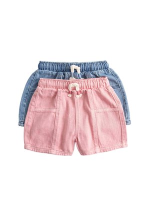 Zwei Paare elastische Taillenshorts mit Kordelzug, ein pinkes vorne und ein blaues hinten, beide mit aufgesetzten Taschen vorne.