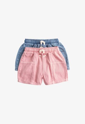 Zwei Paare elastische Taillenshorts mit Kordelzug, ein pinkes vorne und ein blaues hinten, beide mit aufgesetzten Taschen vorne.