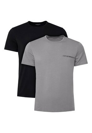 Zwei kurzärmelige T-Shirts aus Baumwolle in Schwarz und Grau. Das graue Shirt hat ein kleines schwarzes Logo auf der Brust. Beide haben ein Rundhalsausschnitt-Design.