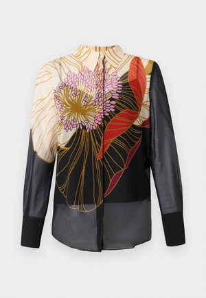 Transparante zwarte blouse met lange mouwen, voorzien van kleurrijke bloemmotieven in roze, rood en goud, en een klassiek kraagontwerp.