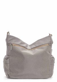 Borsa a spalla grigia chiara con texture, dotata di chiusura superiore a zip, tasca frontale e tasche laterali. Cinghia regolabile. Materiale morbido.