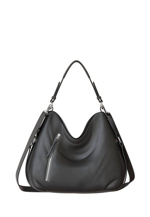 Black leather shoulder bag with a curved silhouette, featuring a zip pocket and smooth texture. Adjustable strap and silver hardware accents.