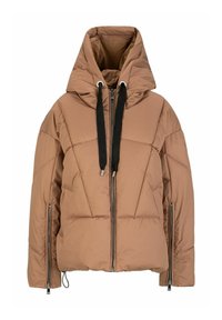 Brauner Daunenjacke mit Kapuze, ausgestattet mit Reißverschlusstaschen, elastischen Kordeln und einem gesteppten Design, das Textur verleiht.