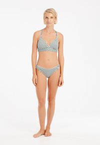 Juostuotas bikini komplektas su giliu V formos dekoltė viršumi ir atitinkamais aukšto liemens apatiniais, žaliai baltos spalvų. Sklandžiai audinys su prigludusia forma.