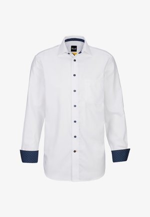 Camicia bianca a maniche lunghe con davanti uniforme, dettagli blu sui bottoni e un motivo a pois navy sui polsini e sul colletto. Una tasca sul petto.