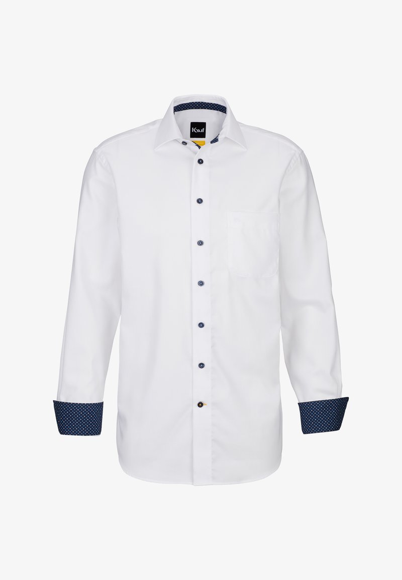 Weißes Langarmhemd mit solidem Vorderteil, blauen Knopfakzenten und einem dunkelblauen Punktenmuster an den Manschetten und dem Kragen. Eine Brusttasche.