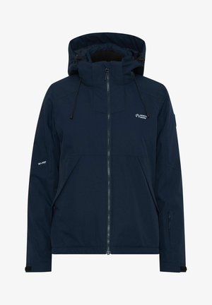 Giacca impermeabile blu navy con zip frontale, cappuccio regolabile, tasche laterali e dettagli riflettenti sul petto e sulla manica.