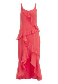Coral dress with thin straps featuring diagonal ruffles along the front and asymmetrical hemline, made from lightweight fabric.
