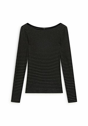 Haut ajusté à manches longues avec des rayures horizontales noires et gris foncé et un large col arrondi.